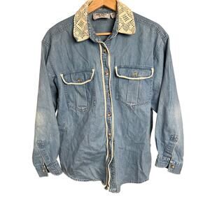 Vintage Just Class Size Medium Crochet Neck Denim Button Up Shirt *Minor Stain